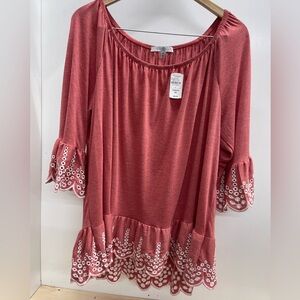 Fever Coral Blouse with White Embroidery